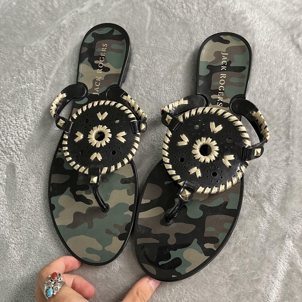 Jack Rogers Sandals Womens Size 11 Camo Jelly Thong Medallion Studded Slip On